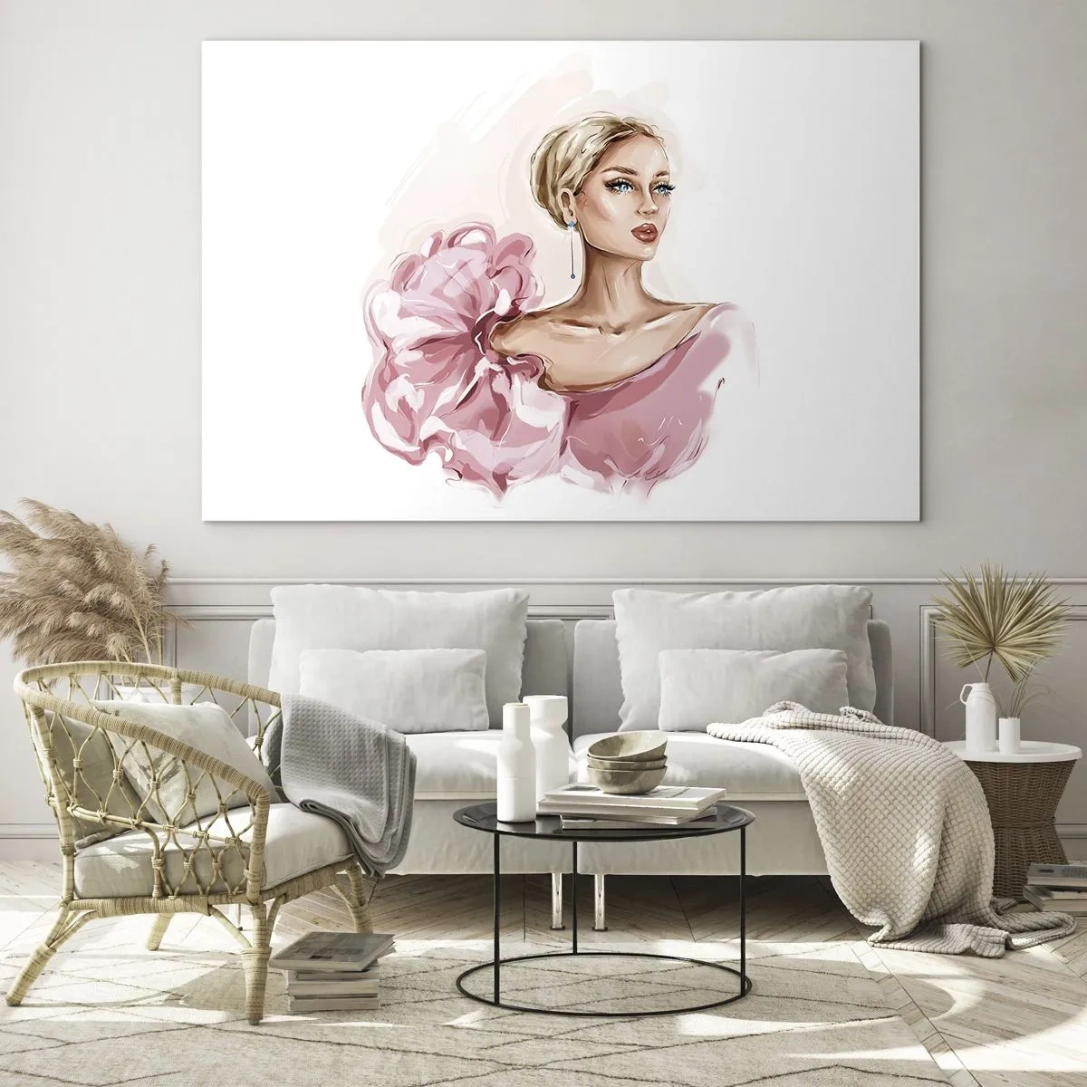 Impression sur verre - Image sur verre - Portrait stylisé d'une femme en robe rose - 70x50cm - Comme peinte... - Décoration murale moderne pour le salon et la chambre ARTTOR
