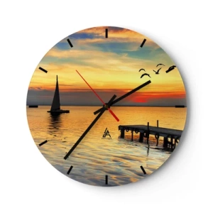 Horloge murale - Pendule murale - Yacht au coucher du soleil avec jetée et oiseaux - 30x30cm - Le soir revient - Décoration murale moderne pour le salon, la cuisine et la chambre ARTTOR