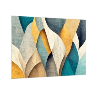 Impression sur verre - Image sur verre - Formes abstraites dans les tons de jaune et de bleu - 70x50cm - Rythme et vague - Décoration murale moderne pour le salon et la chambre ARTTOR