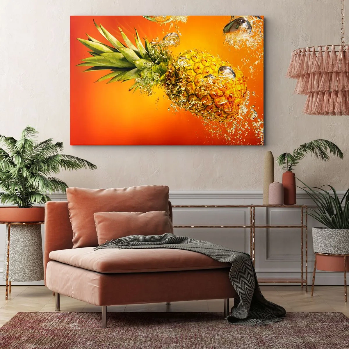 Impression sur toile - Image sur toile - Un ananas immergé dans l'eau sur un fond dégradé orange. - 100x70cm - Fraîcheur juteuse tropicale - Décoration murale moderne pour le salon et la chambre ARTTOR