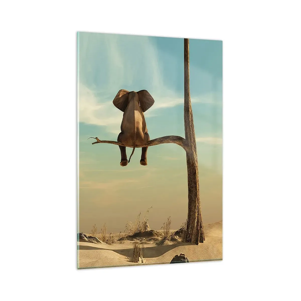 Impression sur verre - Image sur verre - Un éléphant assis sur une branche surplombant un paysage désertique - 80x120cm - Nouveau point de vue - Décoration murale moderne pour le salon et la chambre ARTTOR