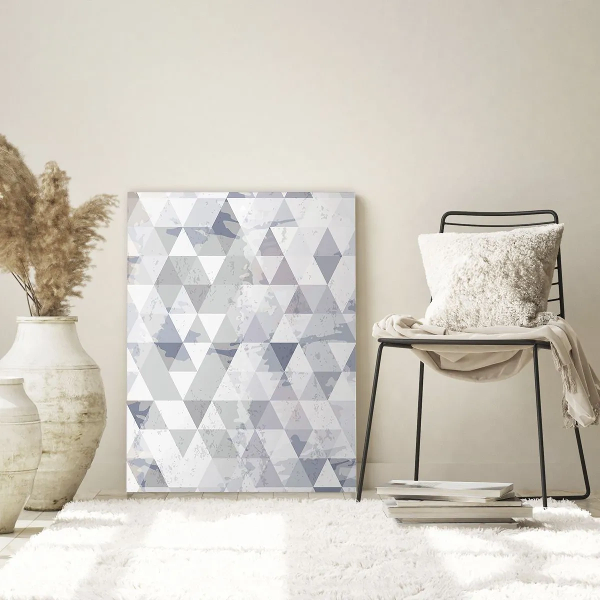 Impression sur verre - Image sur verre - Motif géométrique triangulaire dans des tons pastel - 70x100cm - En rythme de trois - Décoration murale moderne pour le salon et la chambre ARTTOR