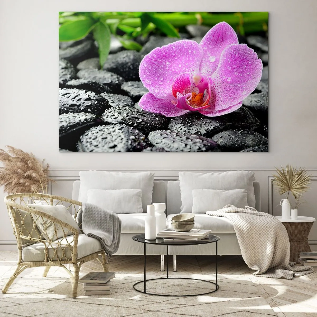 Impression sur verre - Image sur verre - Fleur d'orchidée rose sur des pierres noires humides - 100x70cm - Comme un coeur ouvert - Décoration murale moderne pour le salon et la chambre ARTTOR