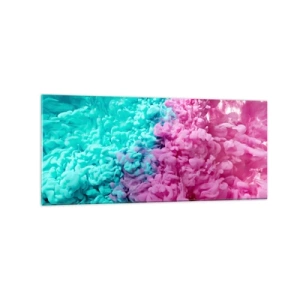 Impression sur verre - Image sur verre - Vagues colorées de turquoise et de rose dans une forme abstraite - 120x50cm - Rencontre finale - Décoration murale moderne pour le salon et la chambre ARTTOR