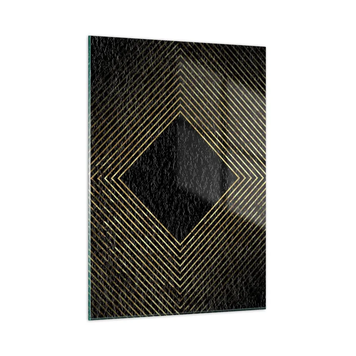 Impression sur verre - Image sur verre - Diamant en or avec des lignes géométriques sur fond noir - 50x70cm - Géométrie dans un style glamour - Décoration murale moderne pour le salon et la chambre ARTTOR