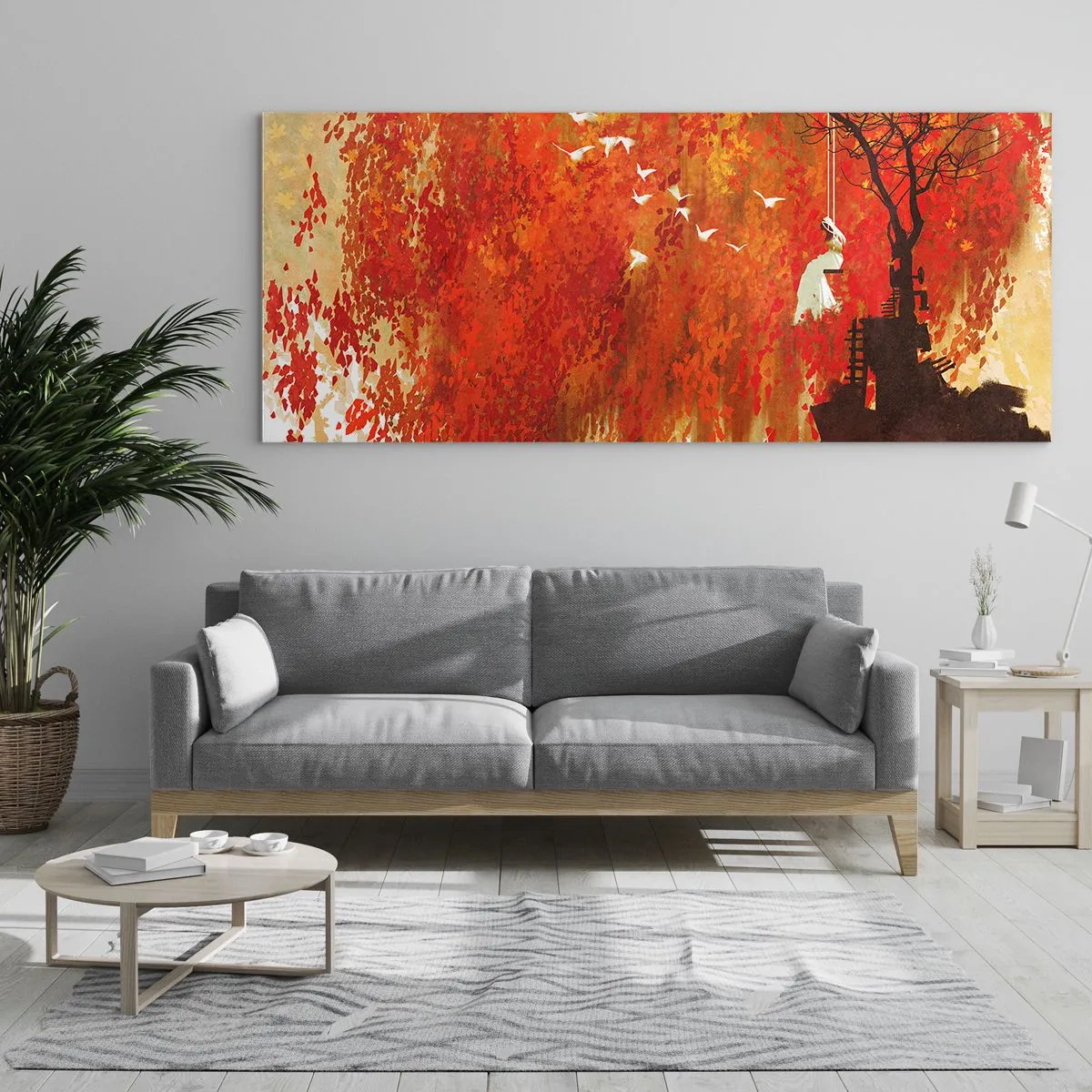 Impression sur verre - Image sur verre - Une silhouette sur une balançoire près d'un arbre entouré de feuilles rouges - 120x50cm - S'envolera-t-il avec eux ? - Décoration murale moderne pour le salon et la chambre ARTTOR
