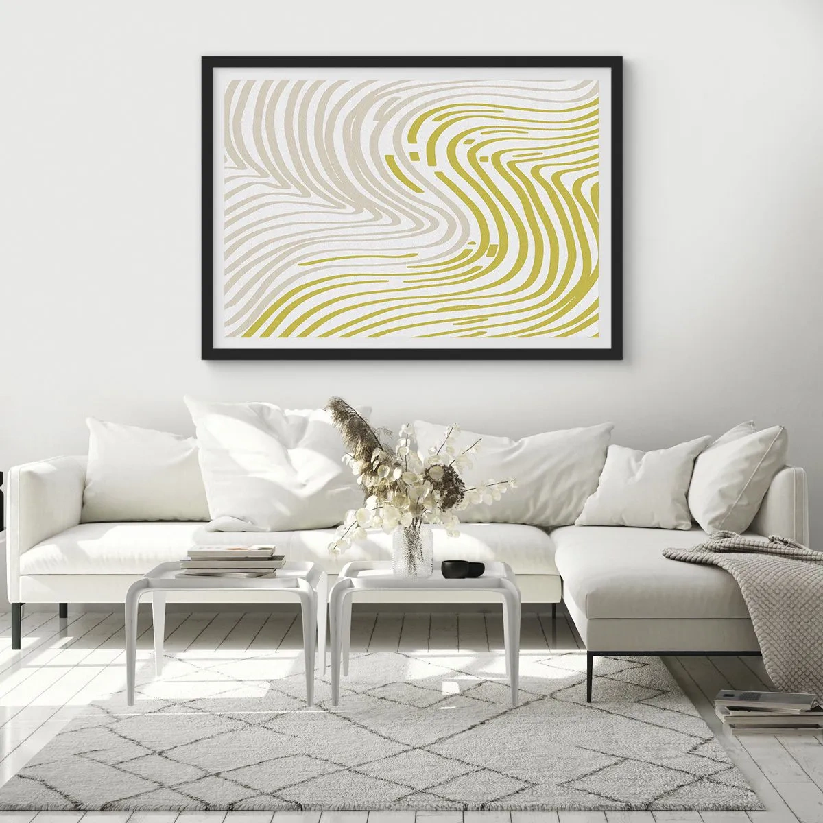Affiche dans un cadre noir - Poster - Un motif abstrait avec des lignes ondulées dans des tons de jaune et de beige. - 70x50cm - Une composition au léger virage - Décoration murale moderne pour le salon et la chambre ARTTOR