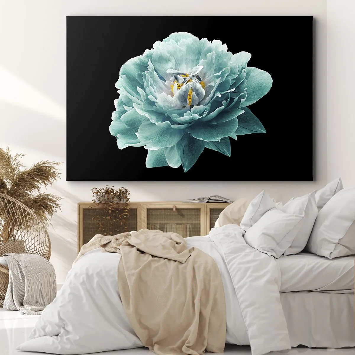 Impression sur toile - Image sur toile - Fleur de pivoine turquoise sur fond noir - 100x70cm - Pétales bleus et dorés - Décoration murale moderne pour le salon et la chambre ARTTOR