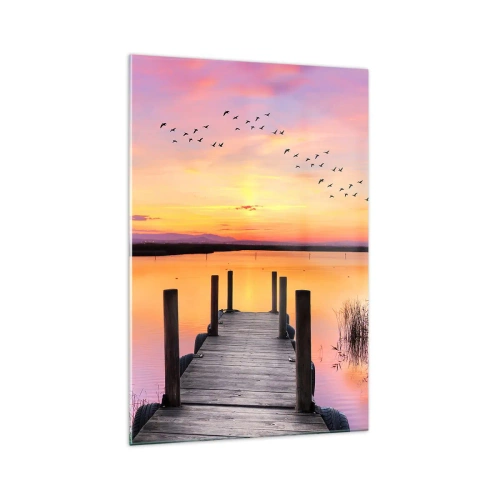 Impression sur verre - Image sur verre - Une jetée sur un lac au coucher du soleil avec des oiseaux dans le ciel - 70x100cm - Aube silencieuse violette - Décoration murale moderne pour le salon et la chambre ARTTOR