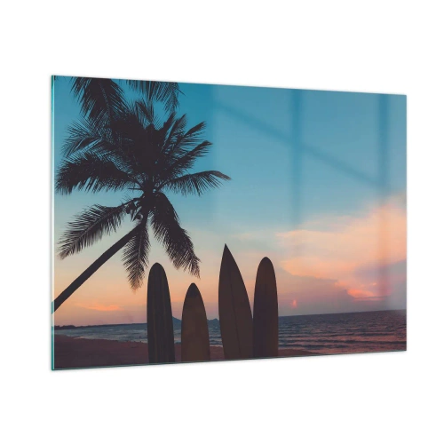 Impression sur verre - Image sur verre - Palmier et planches de surf sur la plage au coucher du soleil - 100x70cm - Demain sera amusant aussi - Décoration murale moderne pour le salon et la chambre ARTTOR