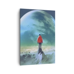 Impression sur toile - Image sur toile - Un homme portant une veste rouge debout devant une grande planète avec des étoiles en arrière-plan. - 70x100cm - Explorateur de la nouvelle terre - Décoration murale moderne pour le salon et la chambre ARTTOR