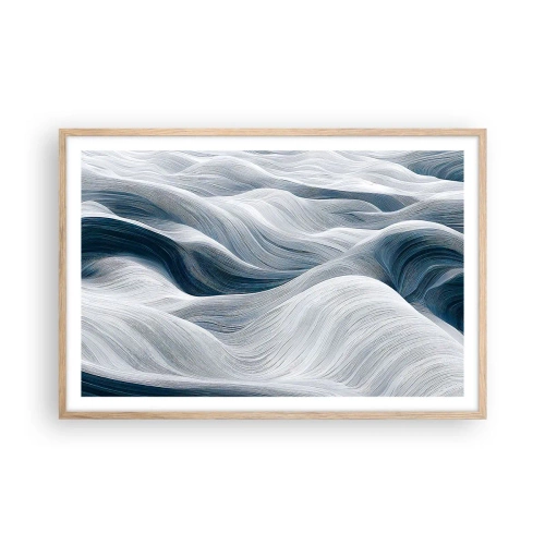 Affiche dans un chêne clair - Poster - Vagues blanches et bleues - 91x61 cm