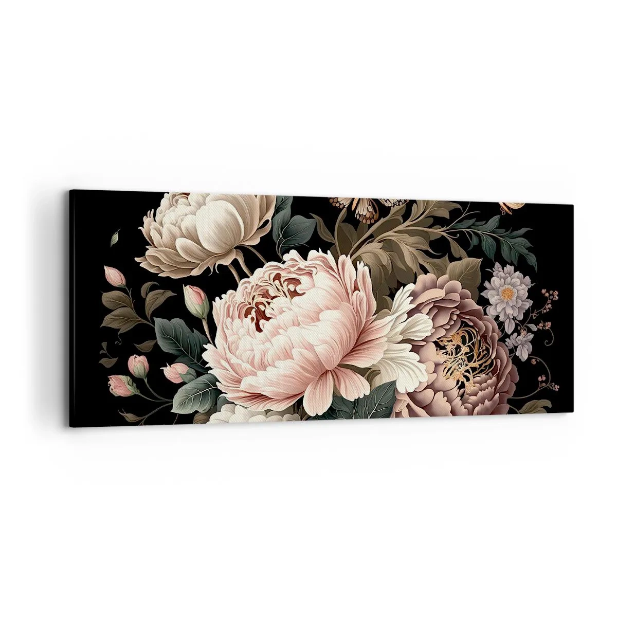 Impression sur toile - Image sur toile - Un bouquet de fleurs roses et de papillons sur fond noir - 120x50cm - De style baroque - Décoration murale moderne pour le salon et la chambre ARTTOR