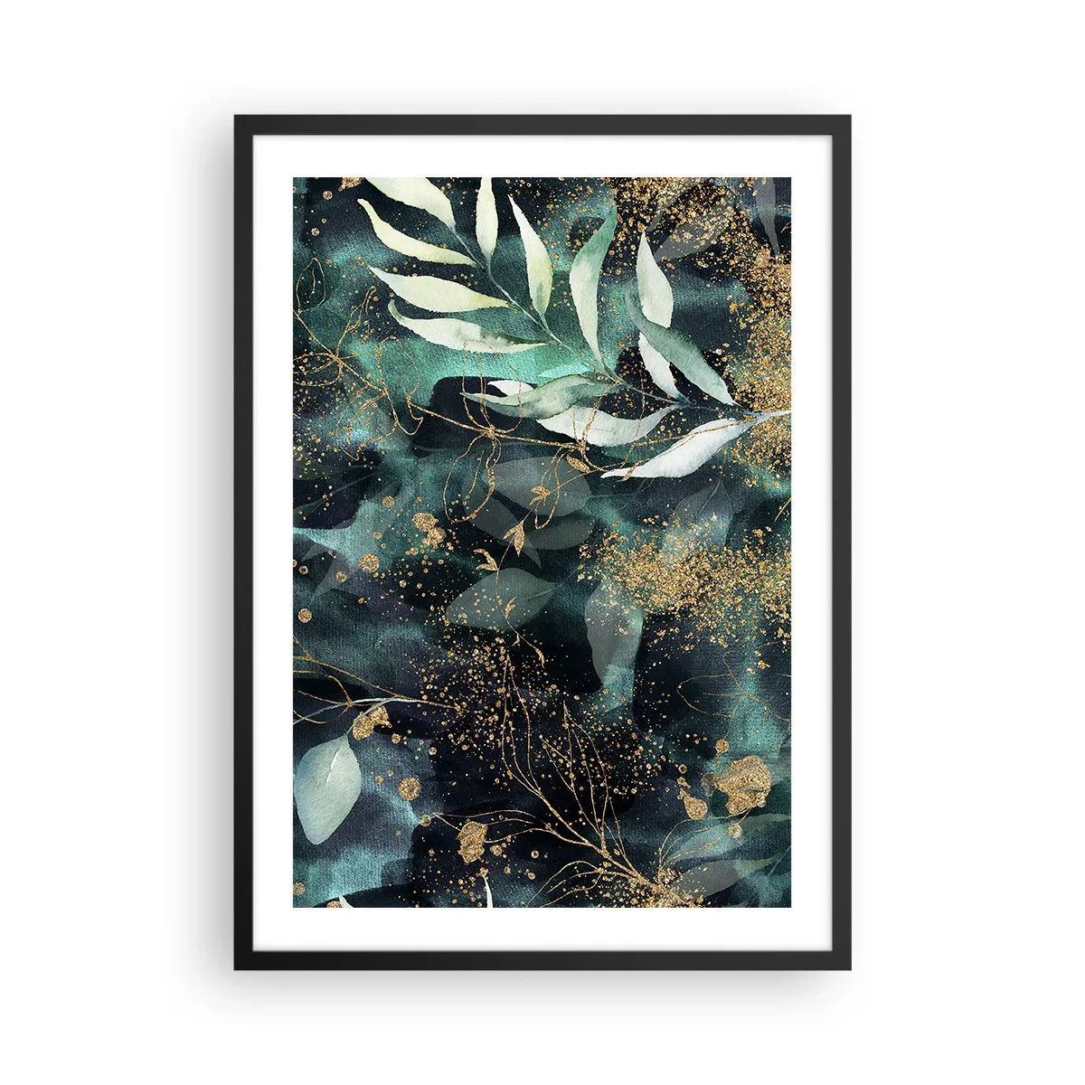 Affiche dans un cadre noir - Poster - Feuilles vertes et accents dorés sur un fond sombre - 50x70cm - Jardin magique - Décoration murale moderne pour le salon et la chambre ARTTOR