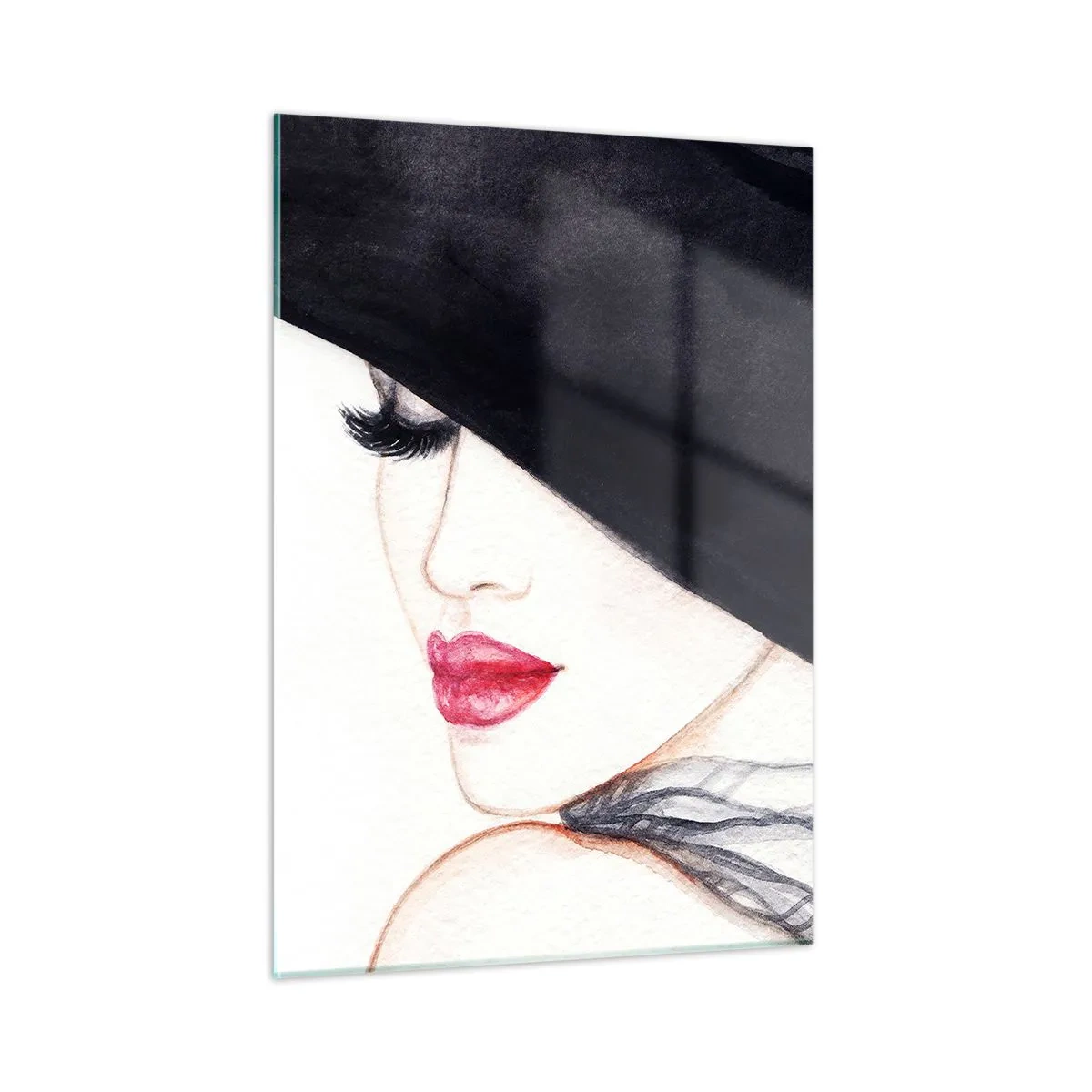 Impression sur verre - Image sur verre - Un portrait subtil d'une femme au chapeau et aux lèvres rouges - 50x70cm - Élégance et sensualité - Décoration murale moderne pour le salon et la chambre ARTTOR