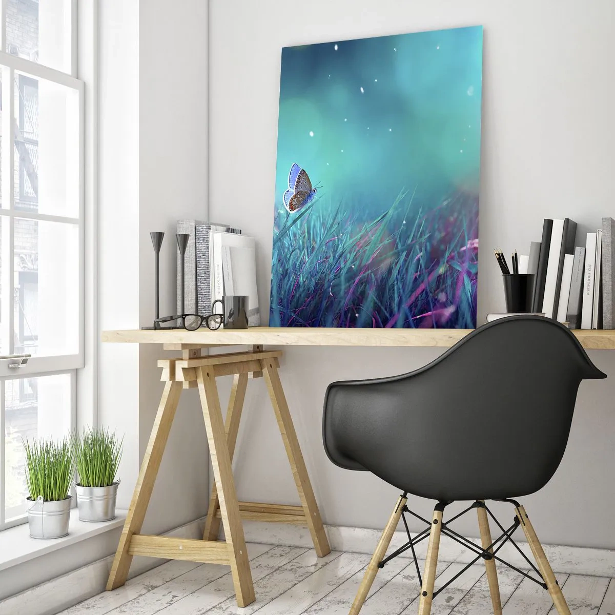 Impression sur verre - Image sur verre - Papillon sur l'herbe dans une lumière pastel - 50x70cm - La vie secrète de la prairie - Décoration murale moderne pour le salon et la chambre ARTTOR