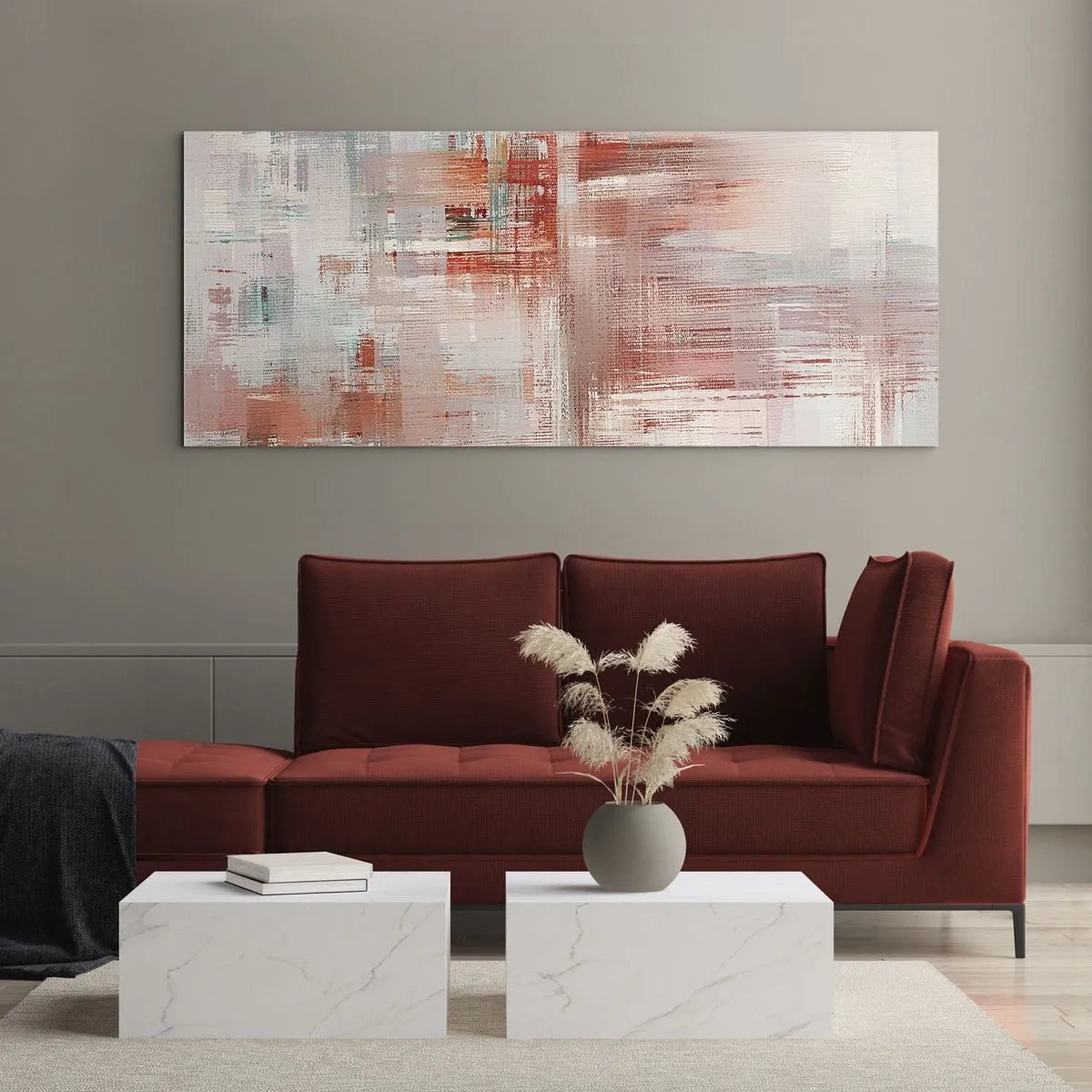 Impression sur verre - Image sur verre - Une composition abstraite avec des nuances de rouge et de couleurs pastel. - 160x50cm - Brumeux. Mais rose - Décoration murale moderne pour le salon et la chambre ARTTOR