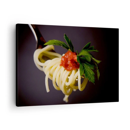 Impression sur toile - Image sur toile - Spaghettis à la fourchette avec sauce tomate et persil - 70x50cm - Une bouchée savoureuse - Décoration murale moderne pour le salon et la chambre ARTTOR