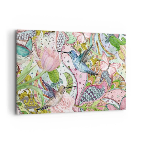 Impression sur toile - Image sur toile - Colibris et papillons colorés parmi les plantes - 100x70cm - Empêtré dans les vignes - Décoration murale moderne pour le salon et la chambre ARTTOR