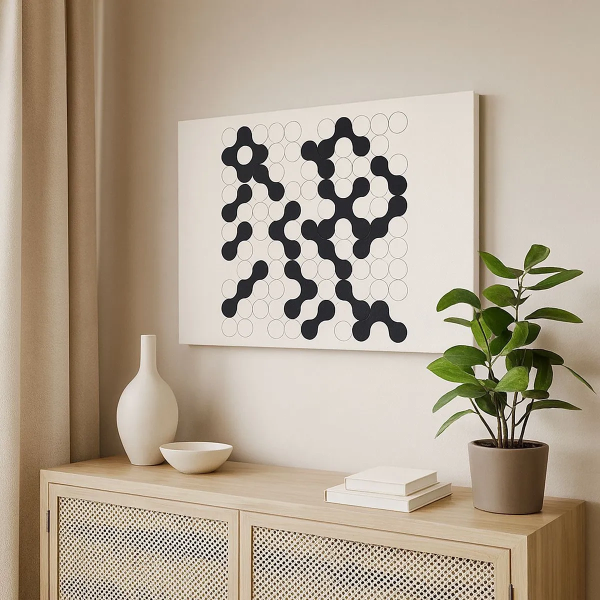 Impression sur toile - Image sur toile - Motifs noirs et blancs avec des cercles sur fond clair - 70x50cm - Jeu chinois – variation - Décoration murale moderne pour le salon et la chambre ARTTOR