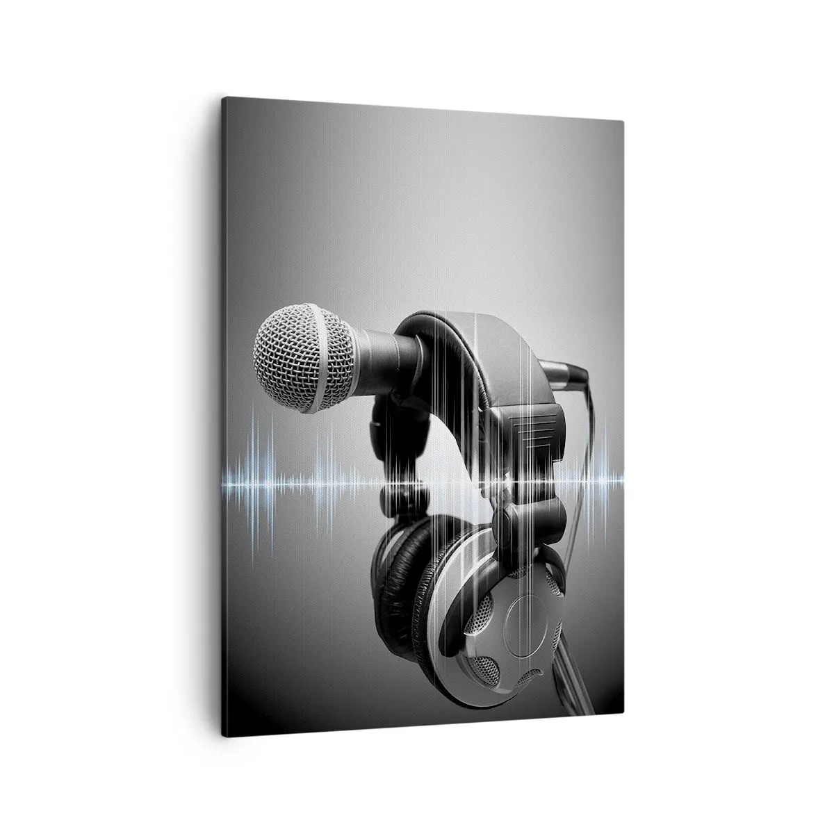 Impression sur toile - Image sur toile - Microphone et casque avec visualisation des ondes sonores en arrière-plan - 50x70cm - Vous pouvez encore entendre son chant - Décoration murale moderne pour le salon et la chambre ARTTOR