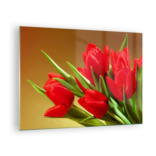 Impression sur verre - Image sur verre - Un bouquet de tulipes rouges sur fond doré - 70x50cm - Amas de joie printanière - Décoration murale moderne pour le salon et la chambre ARTTOR