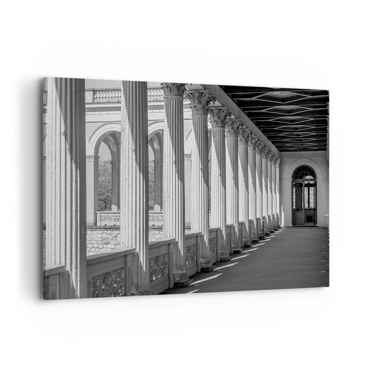 Impression sur toile - Image sur toile - Colonnade de style classique en noir et blanc - 120x80cm - Arcade ensoleillée - Décoration murale moderne pour le salon et la chambre ARTTOR