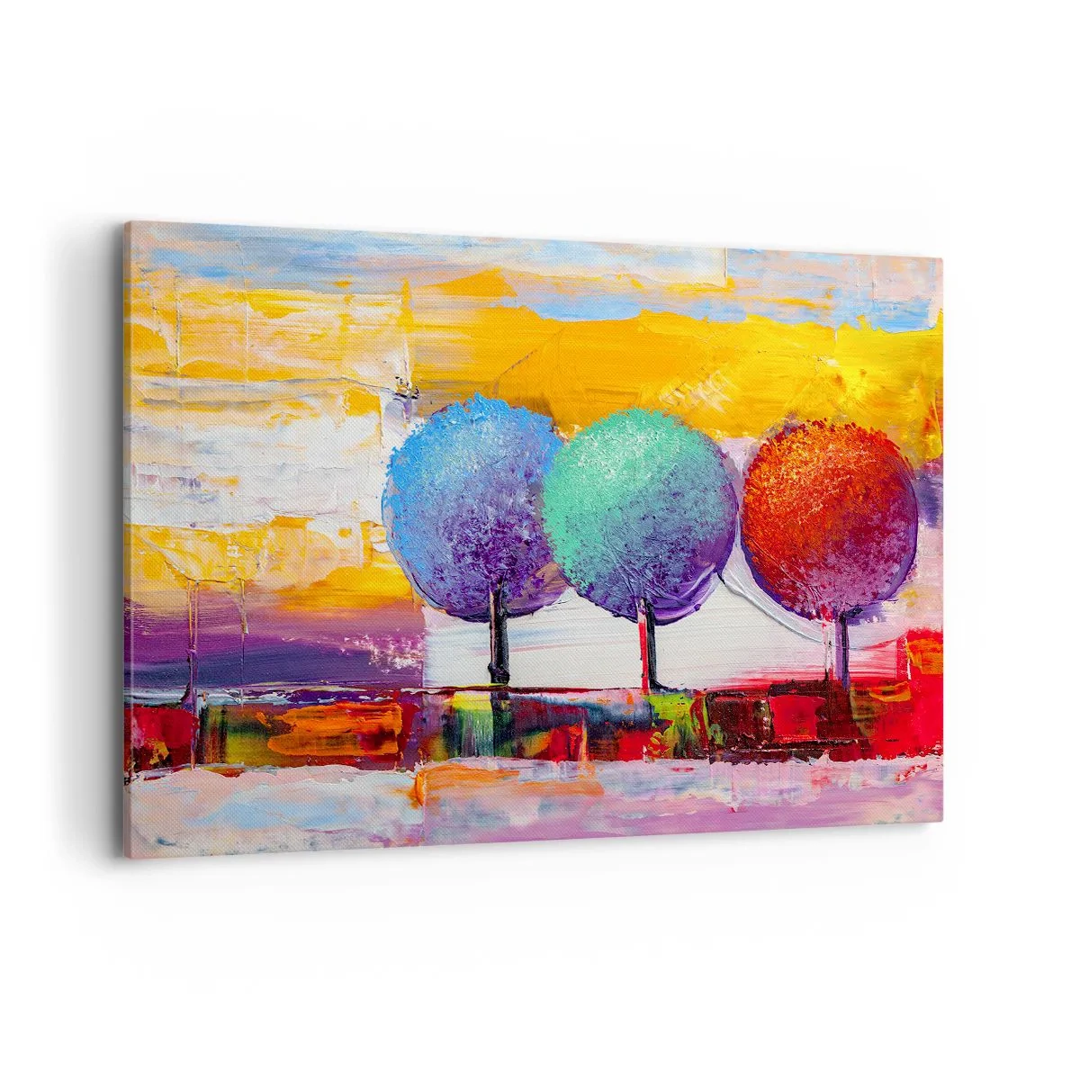 Impression sur toile - Image sur toile - Trois arbres colorés sur un fond abstrait - 120x80cm - Art jusqu'à trois - Décoration murale moderne pour le salon et la chambre ARTTOR