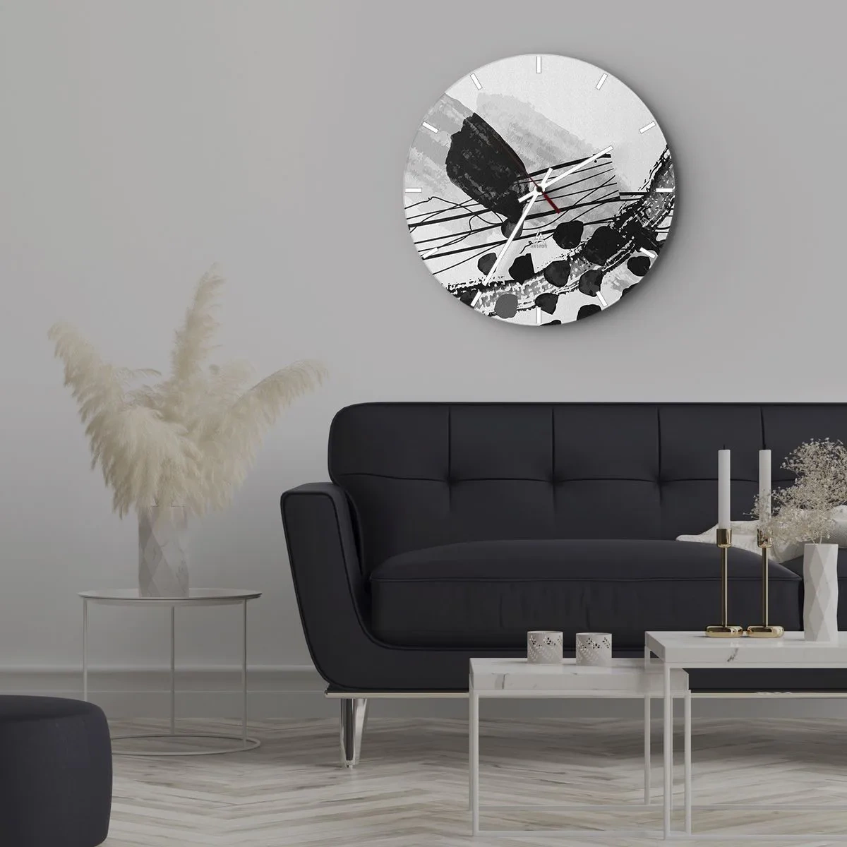 Horloge murale - Pendule murale - Formes et lignes abstraites en noir et blanc sur fond clair - 30x30cm - Abstraction organique noir et blanc - Décoration murale moderne pour le salon, la cuisine et la chambre ARTTOR