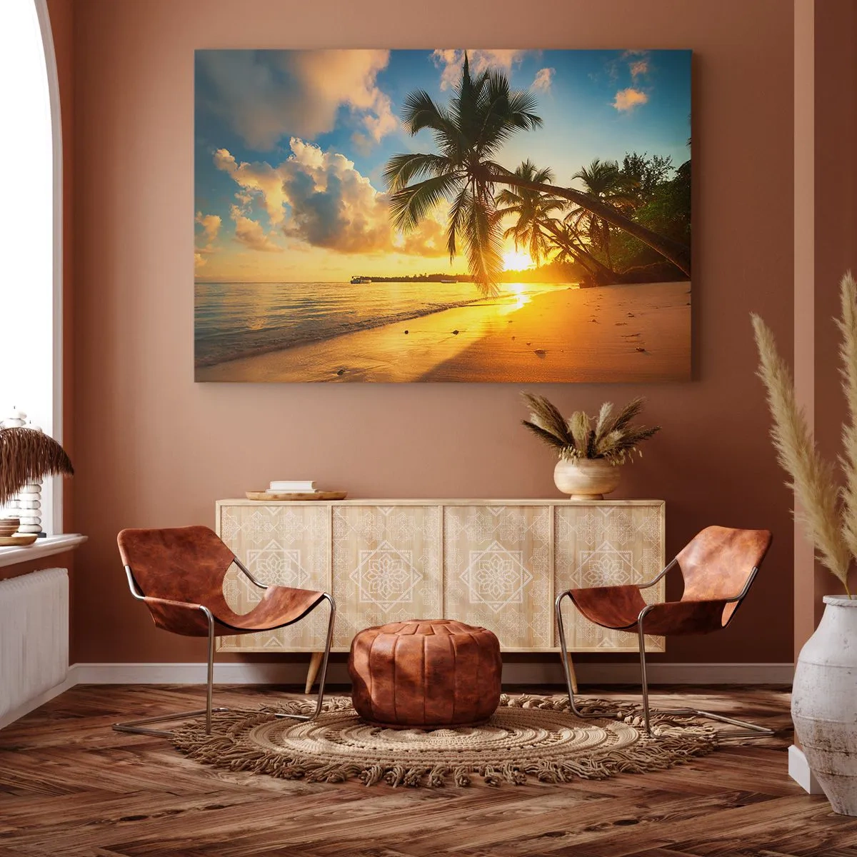 Impression sur toile - Image sur toile - Plage au coucher du soleil avec des palmiers au bord de la mer - 120x80cm - Rêve caribéen - Décoration murale moderne pour le salon et la chambre ARTTOR