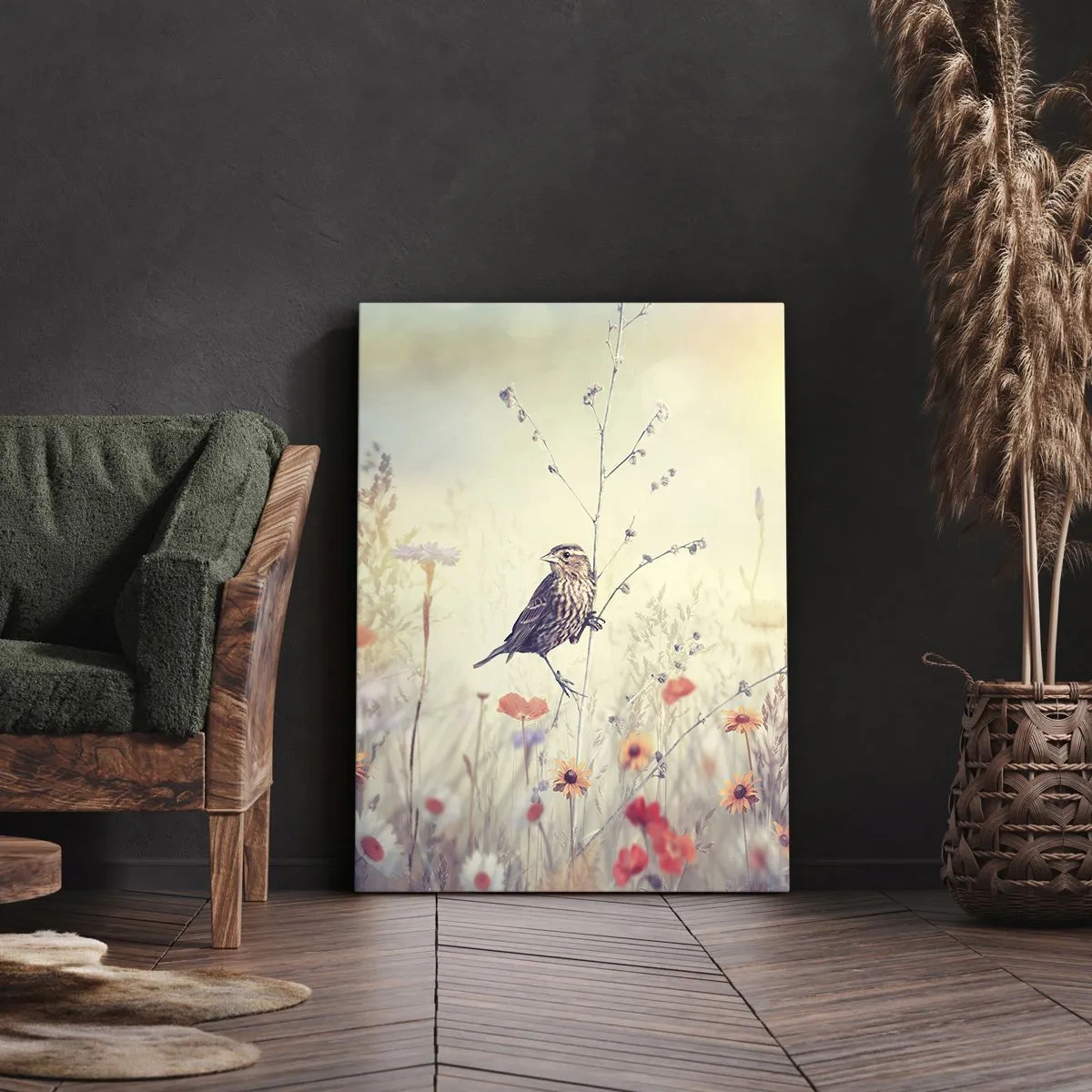 Impression sur toile - Image sur toile - Portrait d'oiseau sur pré en fond - 55x100 cm