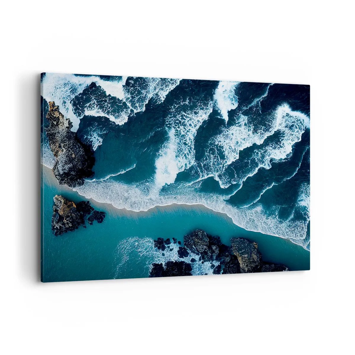 Impression sur toile - Image sur toile - Vue aérienne des vagues s'écrasant sur le rivage - 100x70cm - Enveloppé par les vagues - Décoration murale moderne pour le salon et la chambre ARTTOR