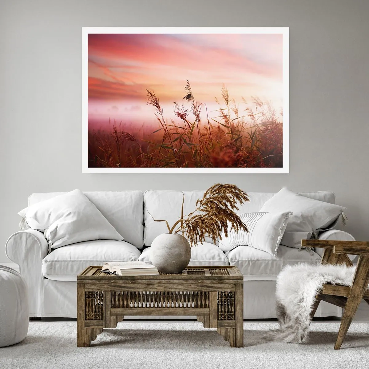 Affiche - Poster - Un champ d'herbe sur fond de coucher de soleil pittoresque - 100x70cm - Cerfs-volants, pissenlits, vent - Décoration murale moderne pour le salon et la chambre ARTTOR