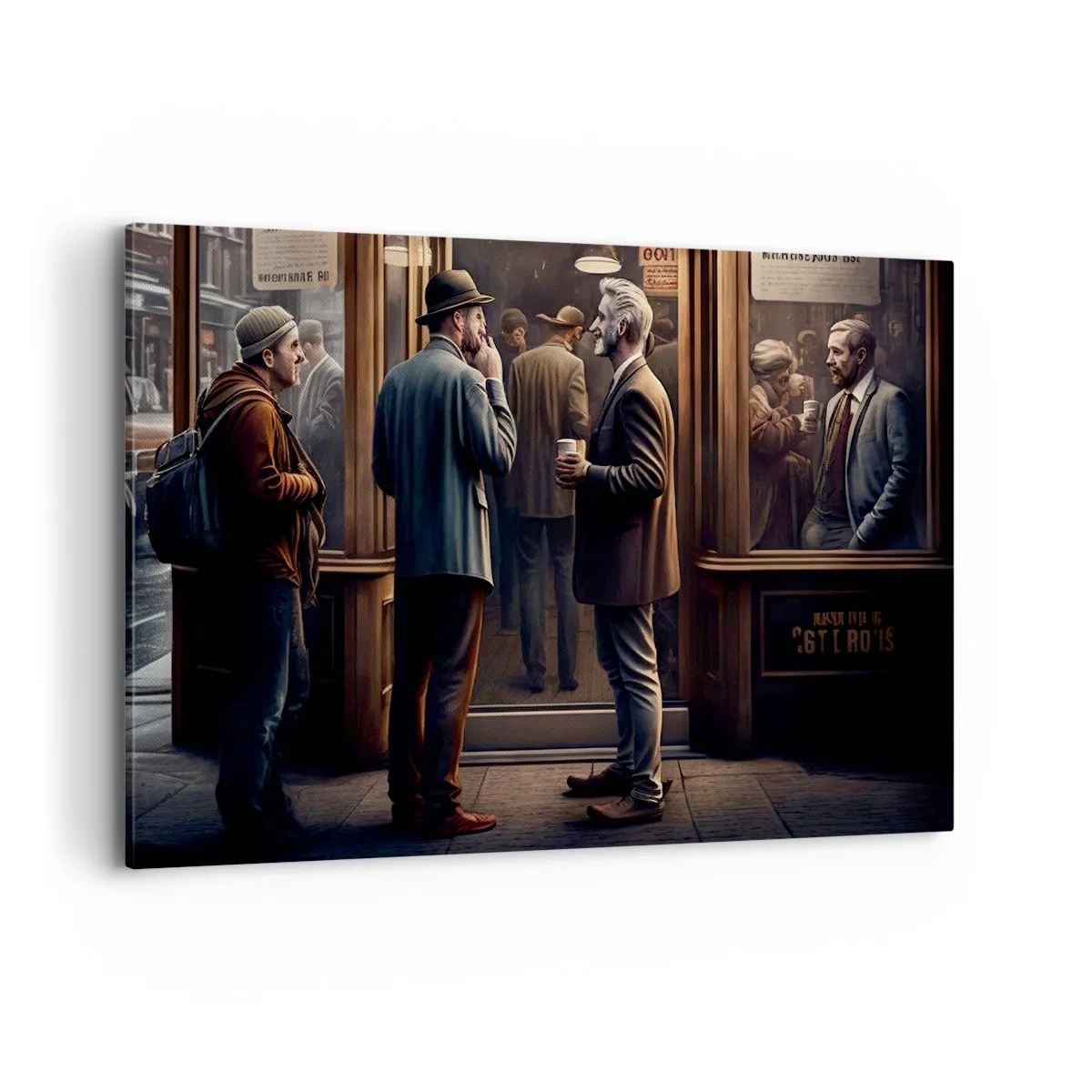 Impression sur toile - Image sur toile - Scène de rue avec des gens devant un café rétro - 120x80cm - Bon moment de la journée - Décoration murale moderne pour le salon et la chambre ARTTOR
