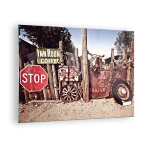 Impression sur verre - Image sur verre - Clôture en bois avec panneaux et roues vintage - 70x50cm - Et le temps s'est arrêté - Décoration murale moderne pour le salon et la chambre ARTTOR