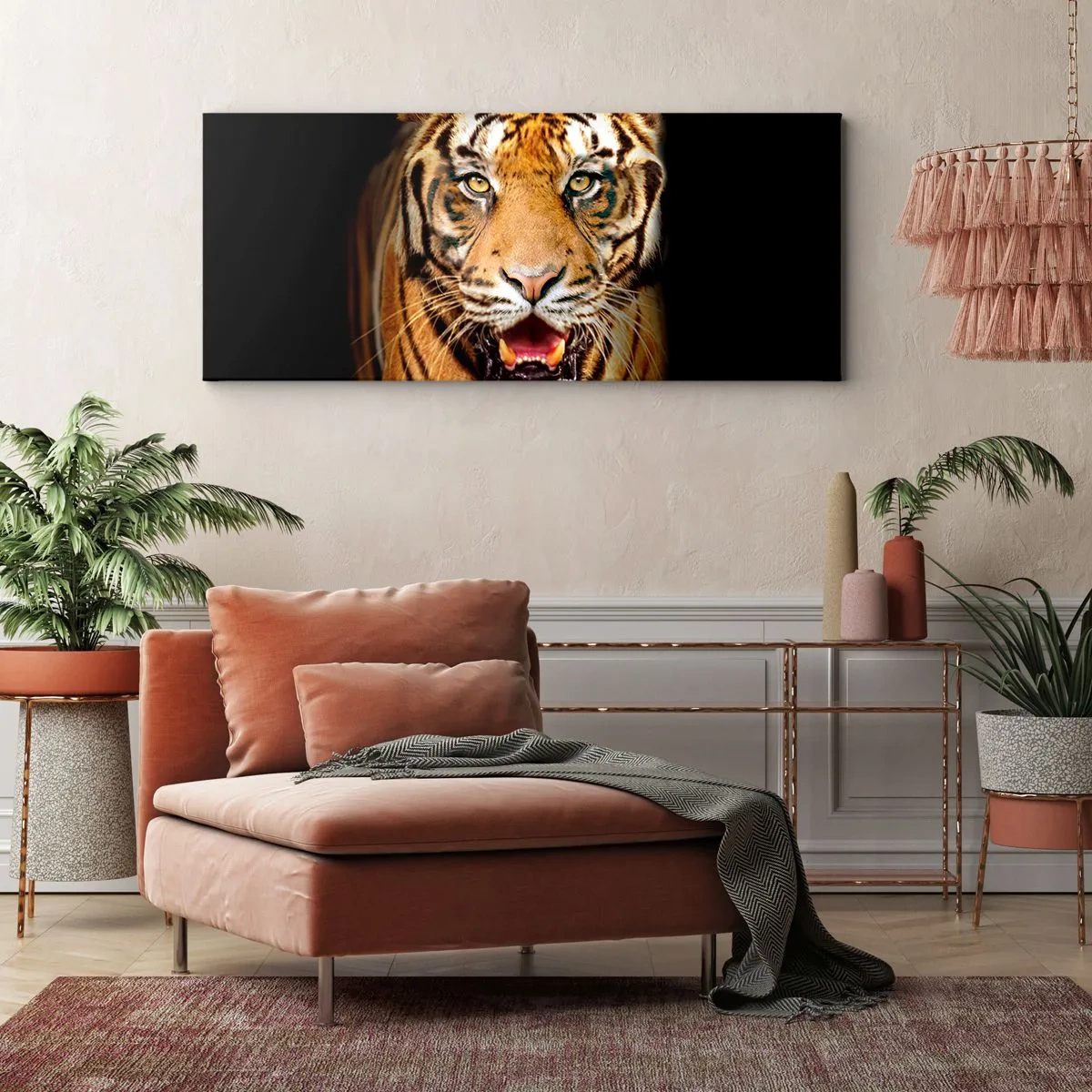 Impression sur toile - Image sur toile - Un tigre avec la gueule ouverte sur un fond noir - 120x50cm - Le coeur sauvageon - Décoration murale moderne pour le salon et la chambre ARTTOR