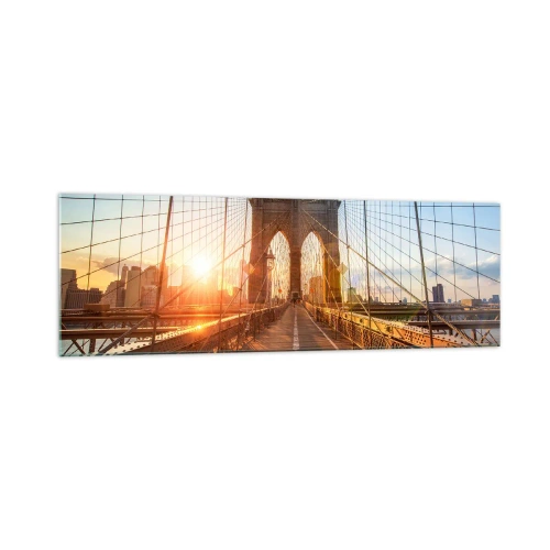 Impression sur verre - Image sur verre - Le pont à la lumière du soleil couchant avec vue sur la ville - 160x50cm - Sur le pont d'or - Décoration murale moderne pour le salon et la chambre ARTTOR