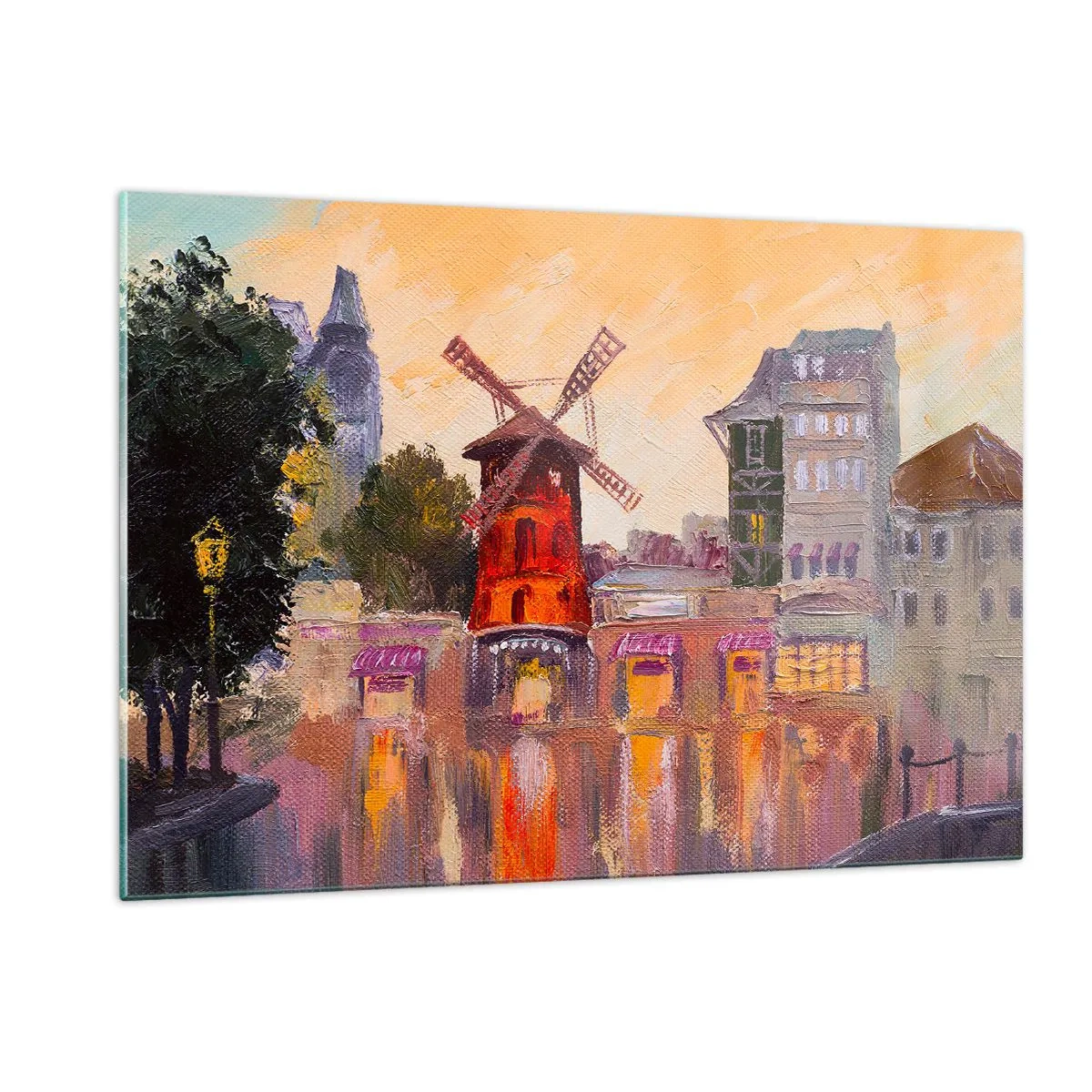 Impression sur verre - Image sur verre - Le moulin à vent rouge du Moulin Rouge parmi les immeubles parisiens - 120x80cm - Icones parisiennes – le Moulin rouge - Décoration murale moderne pour le salon et la chambre ARTTOR