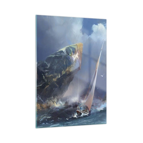 Impression sur verre - Image sur verre - Un voilier dans une tempête au large d'une côte rocheuse - 50x70cm - Celui qui est courageux, gagne - Décoration murale moderne pour le salon et la chambre ARTTOR
