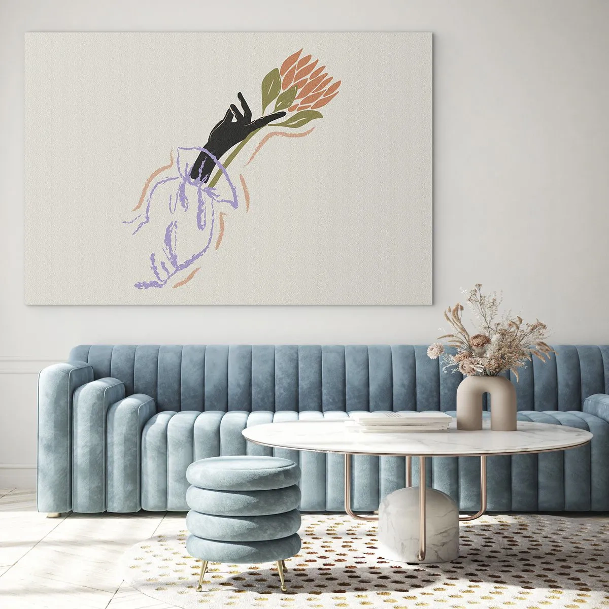 Impression sur verre - Image sur verre - Une main stylisée avec un bouquet de fleurs dessiné avec des lignes pastel. - 120x80cm - Touche fraternelle - Décoration murale moderne pour le salon et la chambre ARTTOR