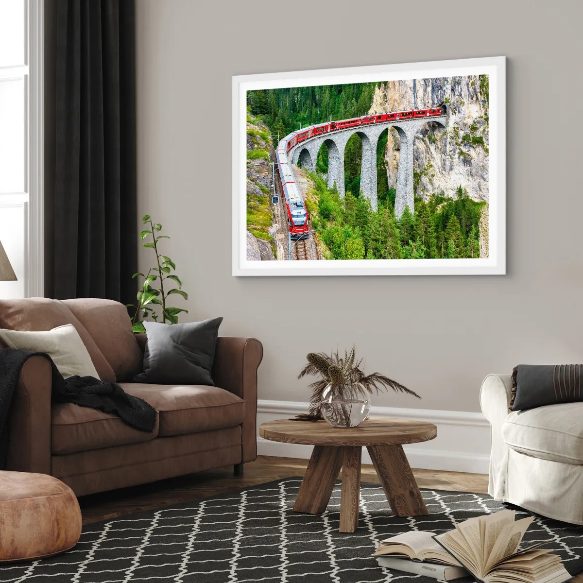 Affiche dans un cadre blanc - Poster - Chemin de fer avec vue sur la montagne - 40x30 cm