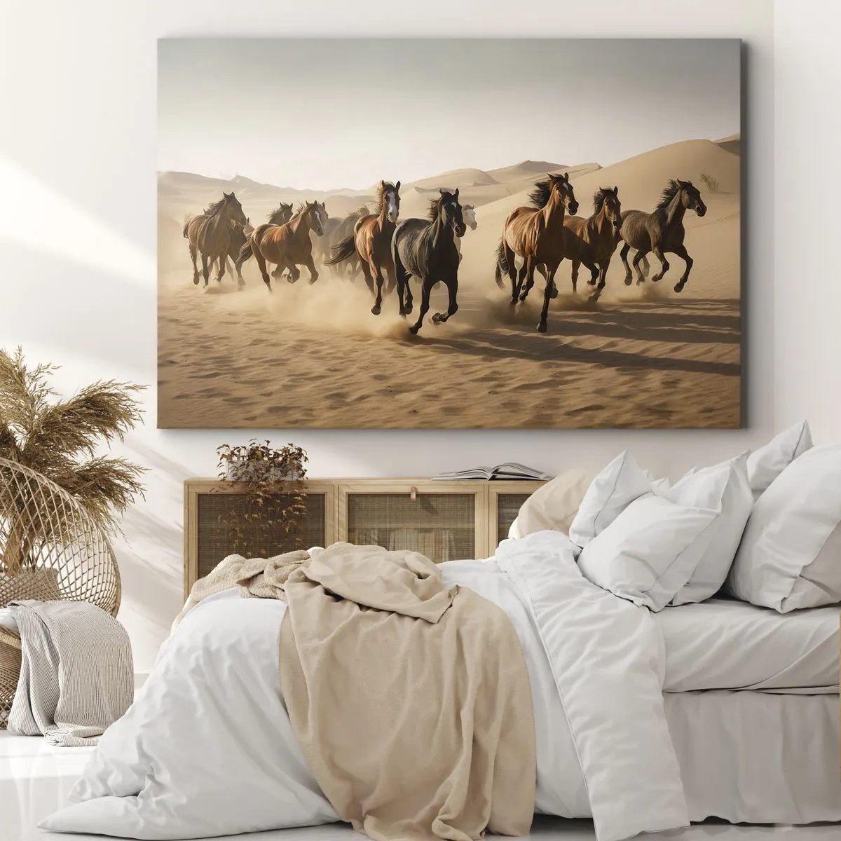 Impression sur toile - Image sur toile - Chevaux au galop sur fond de désert - 100x70cm - Libre comme le vent - Décoration murale moderne pour le salon et la chambre ARTTOR