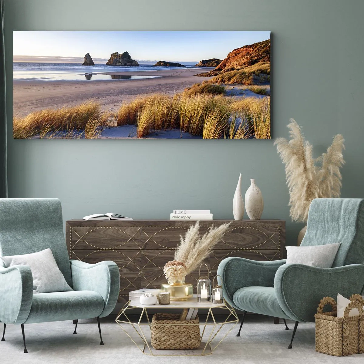 Impression sur toile - Image sur toile - Une plage pittoresque avec vue sur les rochers et la mer au coucher du soleil - 160x50cm - Pour les chercheurs de paix - Décoration murale moderne pour le salon et la chambre ARTTOR