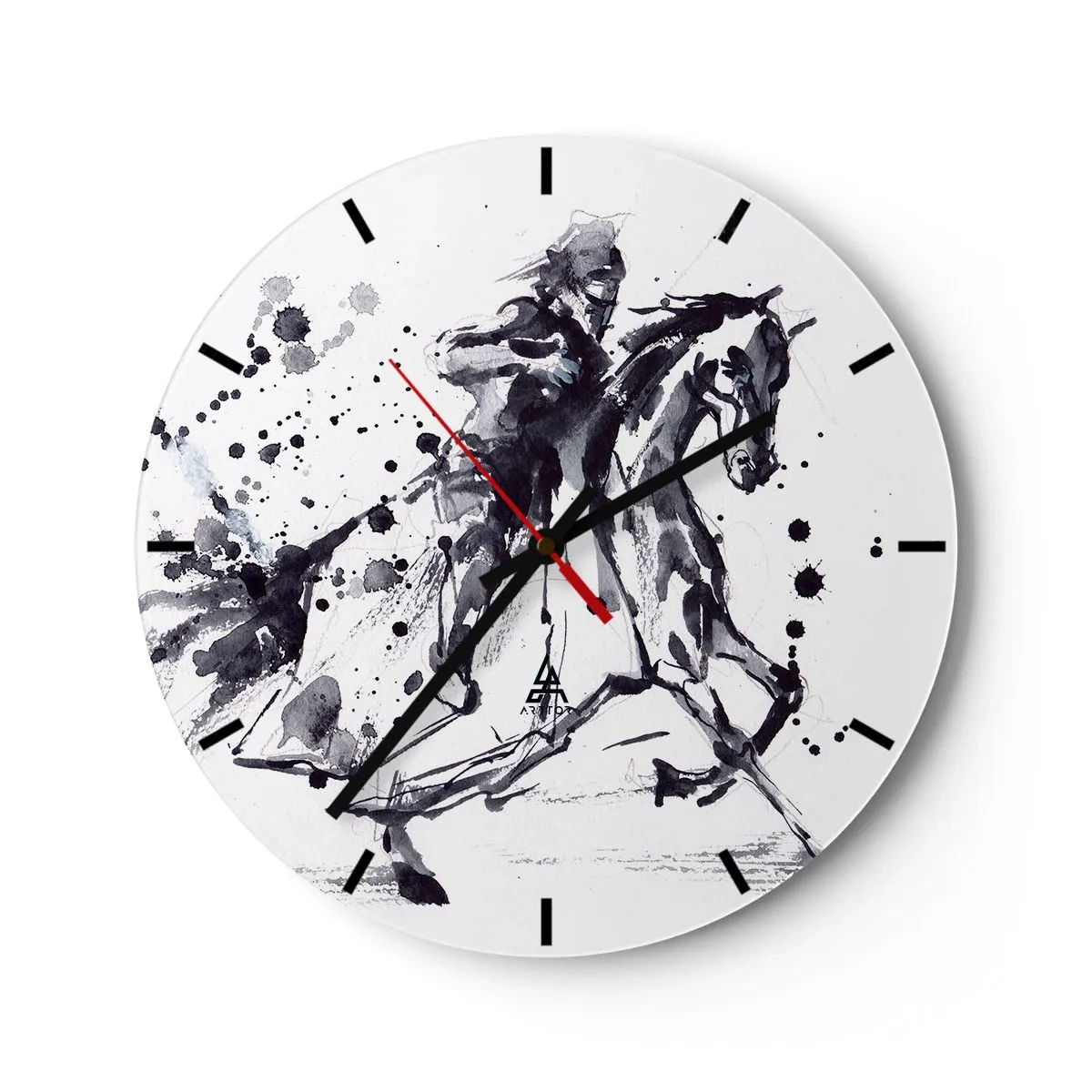 Horloge murale - Pendule murale - Cavalier à l'aquarelle en noir et blanc - 30x30cm - Chevalier noir - Décoration murale moderne pour le salon, la cuisine et la chambre ARTTOR