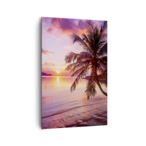 Impression sur toile - Image sur toile - Plage tropicale avec palmier au coucher du soleil - 80x120cm - Le bonheur à l'horizon - Décoration murale moderne pour le salon et la chambre ARTTOR