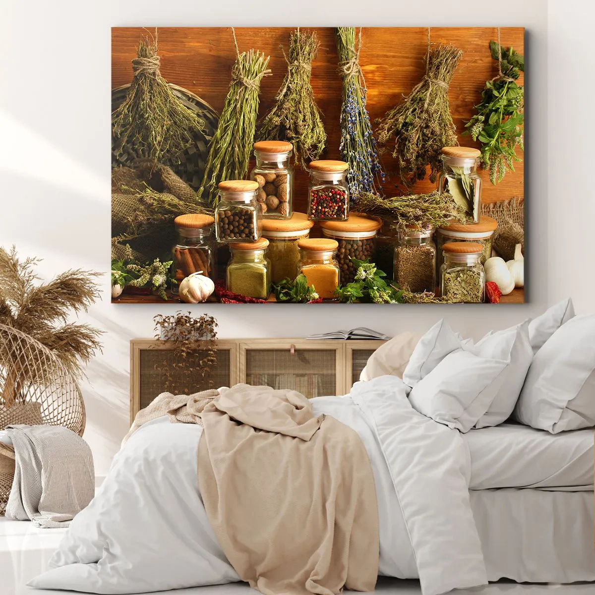 Impression sur toile - Image sur toile - Herbes et épices en pots sur fond rustique - 70x50cm - Sortilèges de cuisine - Décoration murale moderne pour le salon et la chambre ARTTOR