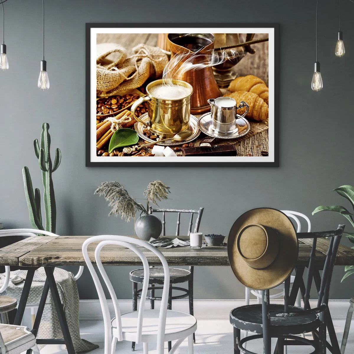 Affiche dans un cadre noir - Poster - Une tasse de café dorée entourée de grains, de cruches et de croissants - 100x70cm - Bonne journée! - Décoration murale moderne pour le salon et la chambre ARTTOR