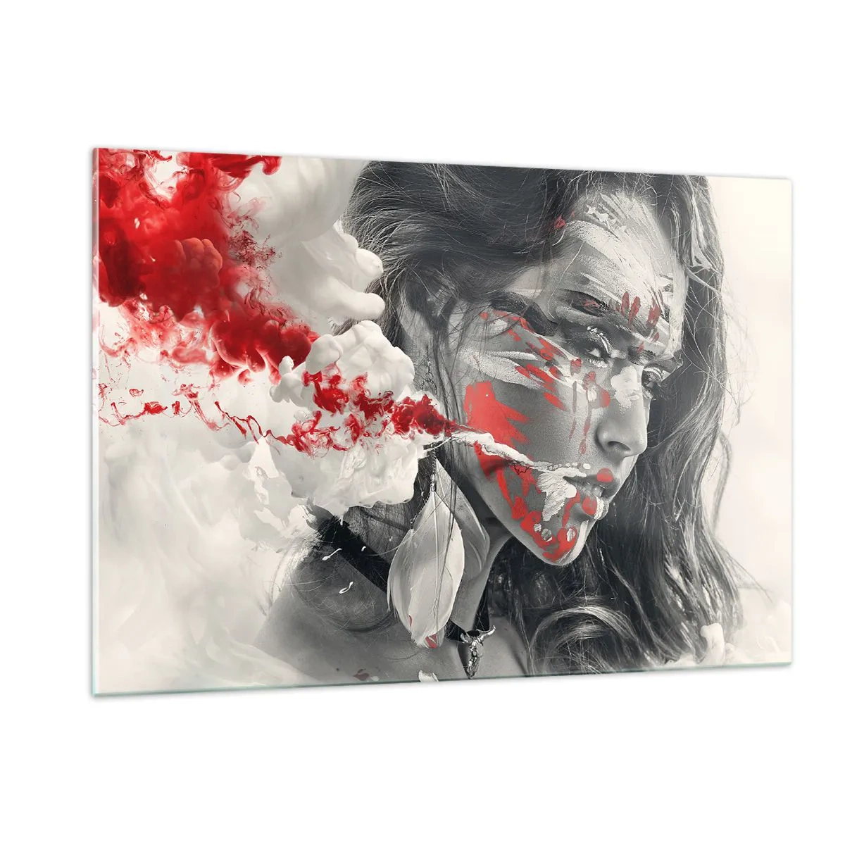 Impression sur verre - Image sur verre - Portrait d'une femme aux motifs abstraits rouges et blancs - 120x80cm - Dans les fumées de l'absurde - Décoration murale moderne pour le salon et la chambre ARTTOR