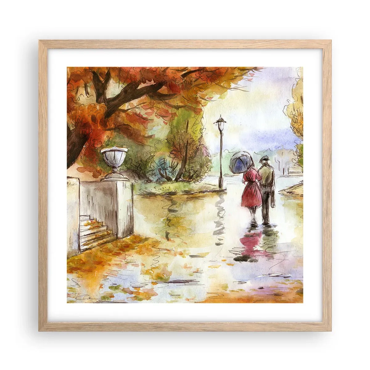 Affiche dans un chêne clair - Poster - Automne romantique dans le parc - 50x50 cm