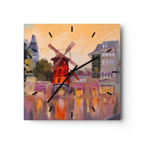 Horloge murale - Pendule murale - Le moulin à vent rouge du Moulin Rouge entouré par le paysage urbain - 30x30cm - Icones parisiennes – le Moulin rouge - Décoration murale moderne pour le salon et la chambre ARTTOR